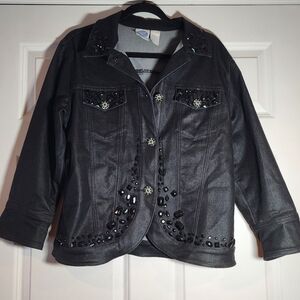 DG2 By Diane Gilman Shiny Black Gemstone Embellished Button Up Jacket M